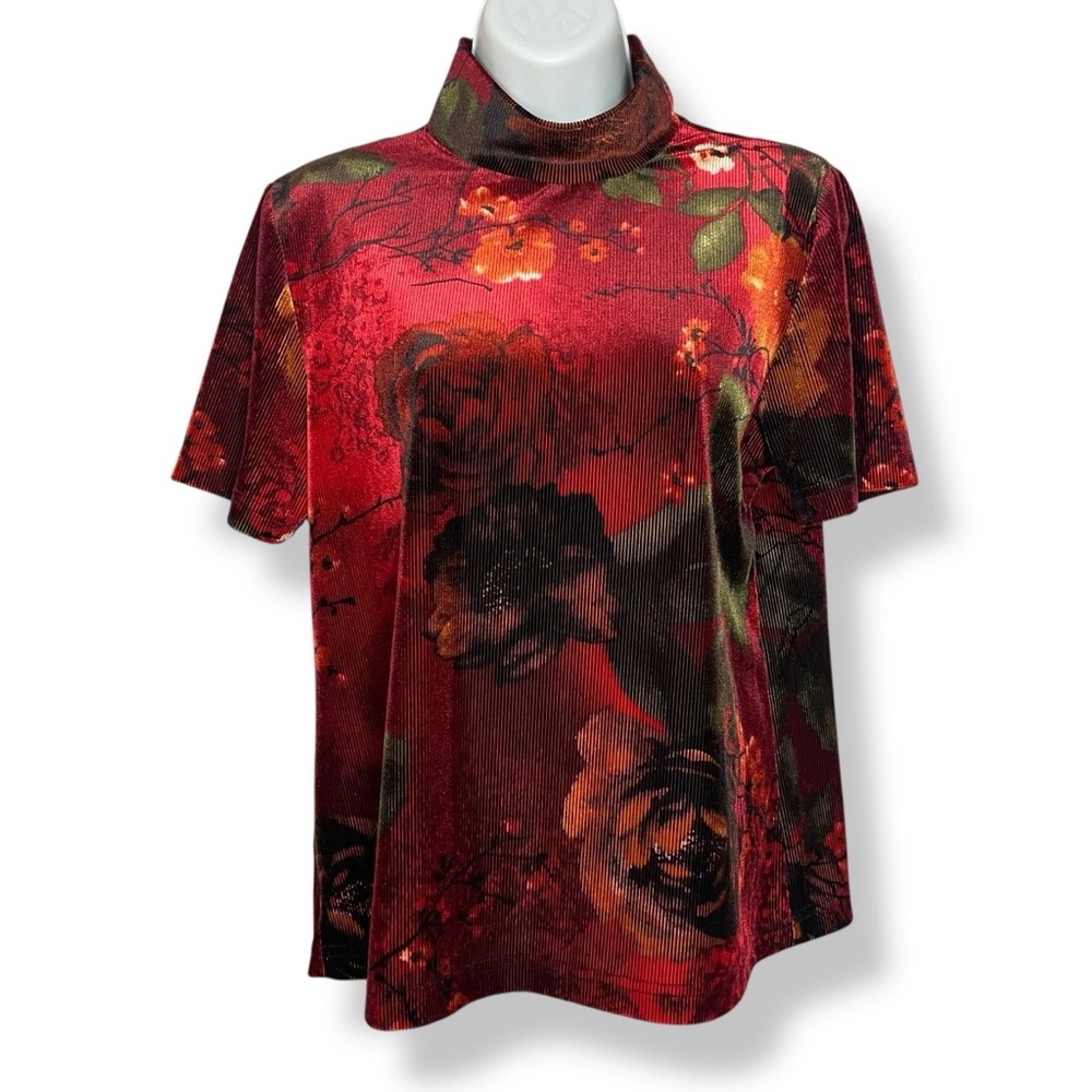 Vintage Floral Top Velvety Ribbed‎ Short Sleeves Deep Red Mock Neck Women Medium